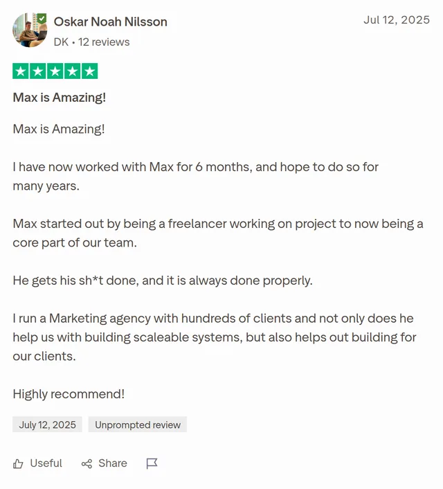 Trustpilot review from Oskar Noah Nilsson